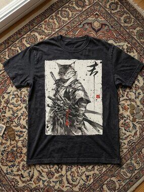 Samurai Cat Ukiyo-E Graphic T-Shirt Unisex Streetwear Y2K Funny Gift NWT